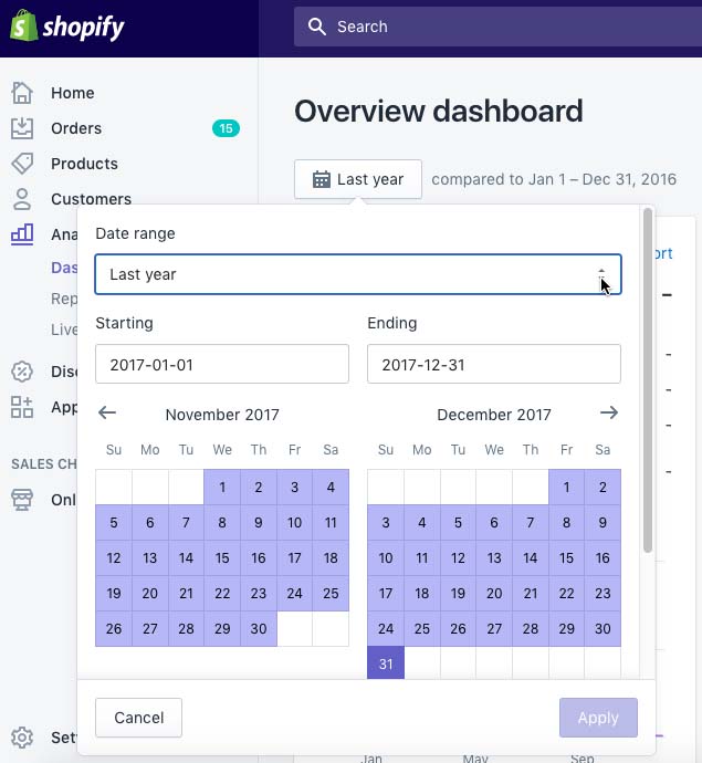 Inside Shopify's overview dashboard and showing the calendar picker with date range dropdown above