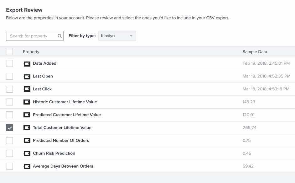 Export review page with properties list and Total Customer Lifetime Value checked