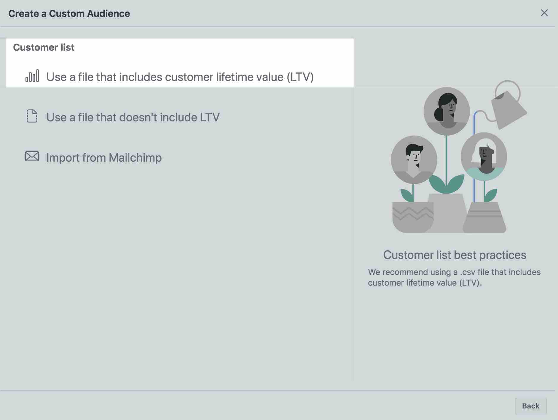 Cree una página de audiencia personalizada en Facebook con Utilice un archivo que incluya el valor de vida del cliente resaltado en blanco