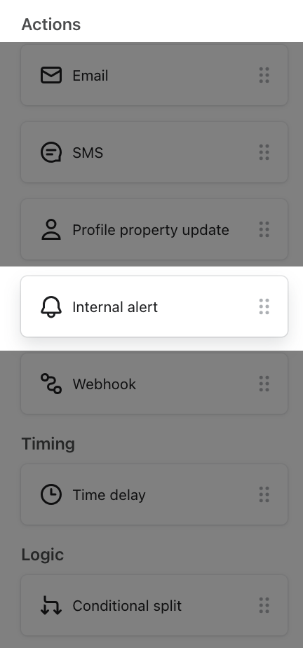 Internal alert highlighted in the list of flow actions