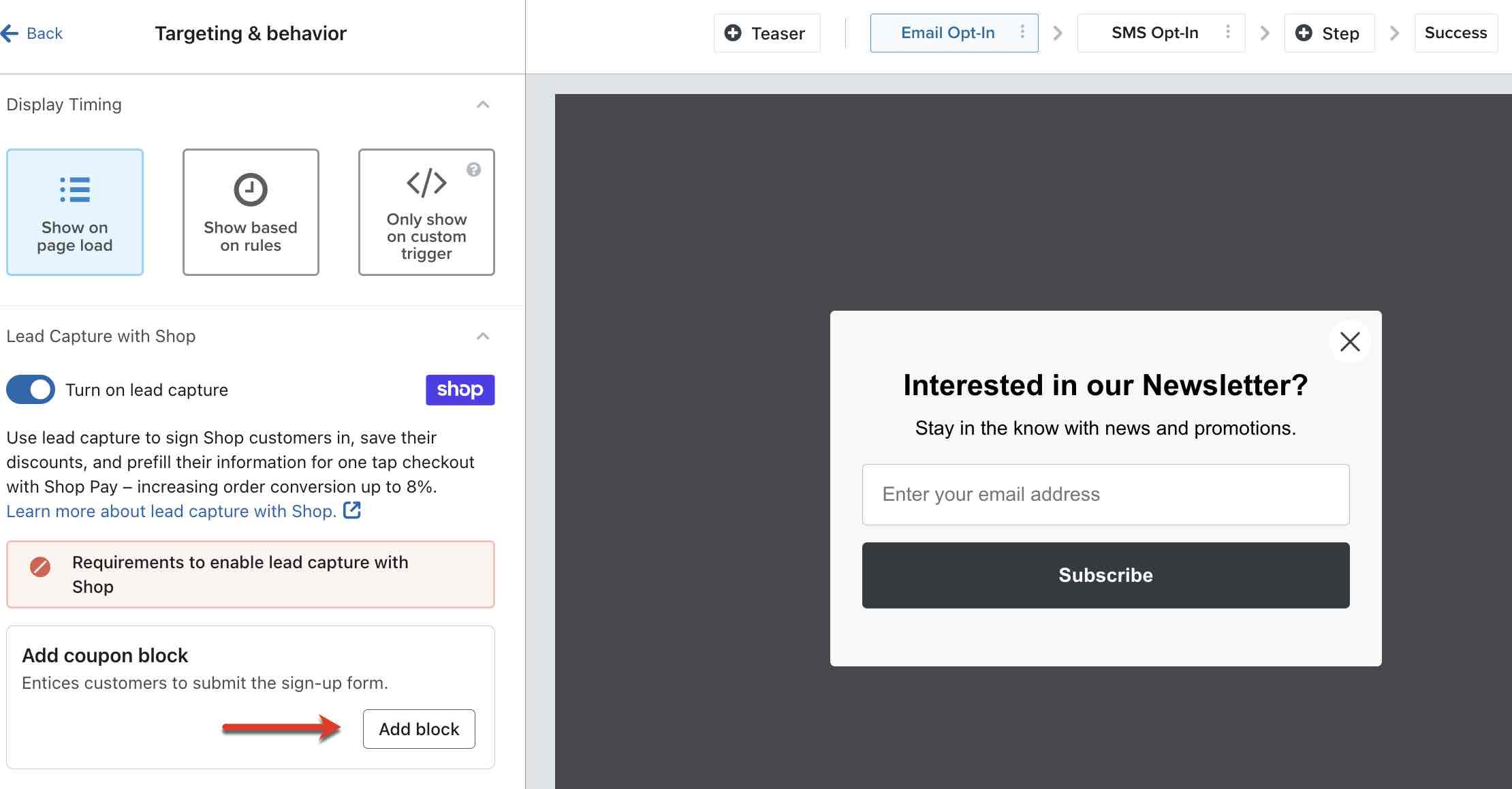 The Lead capture with Shop section in the Targeting & behavior tab of the form builder with an arrow pointing to the “Add a coupon block” requirement.