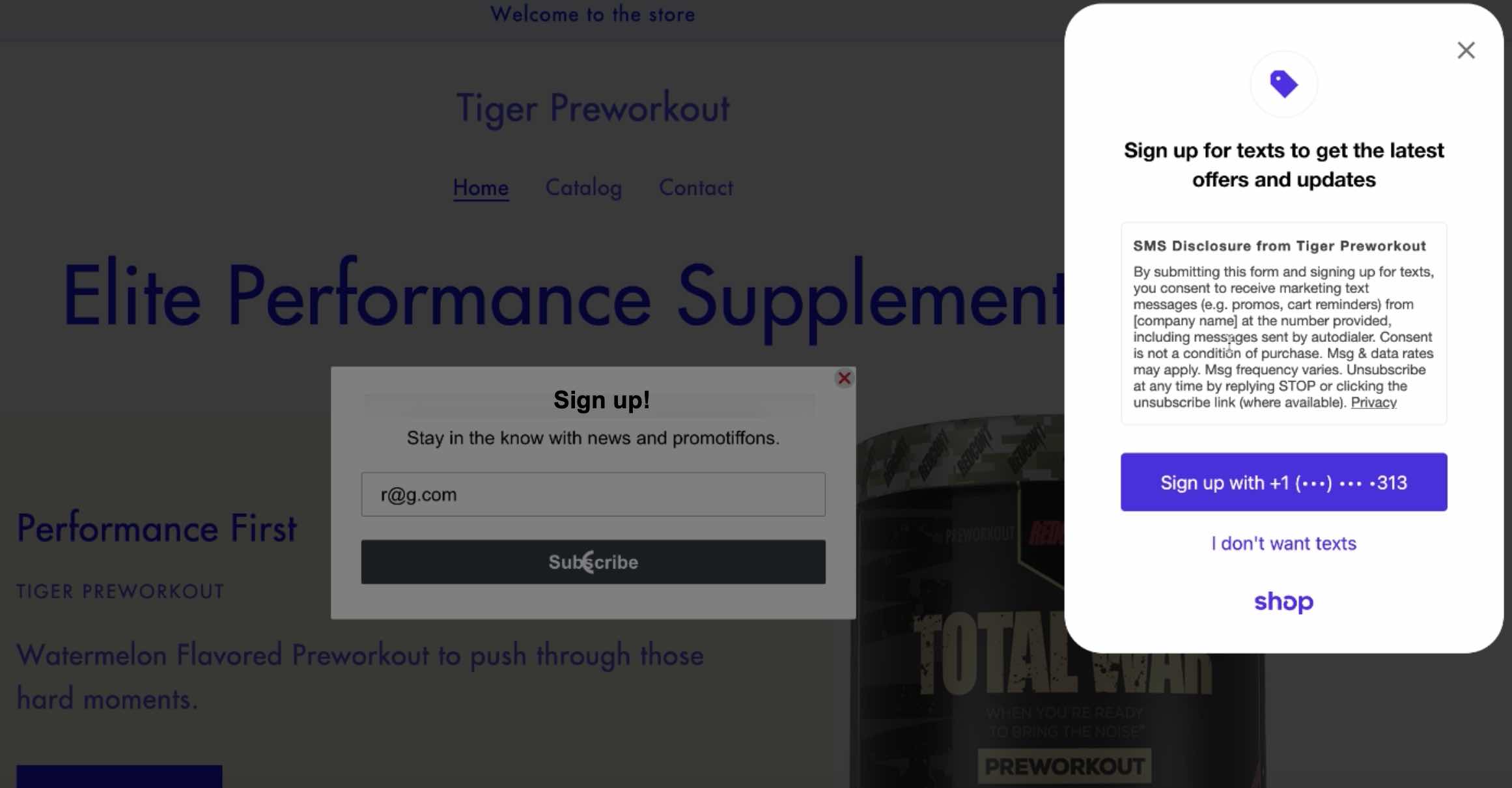 The Shop Pay modal prompting an authenticated user to sign up for texts through a tap-to-text experience.