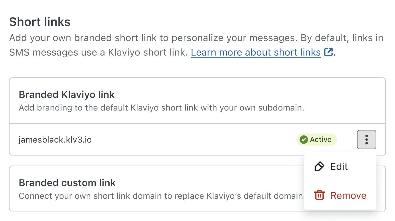 Dropdown showing the Edit and Remove options for a branded Klaviyo link