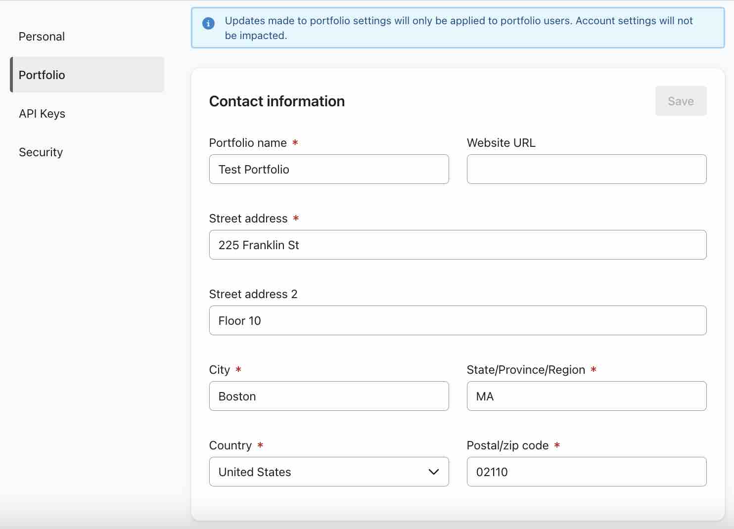 Portfolio tab in the settings