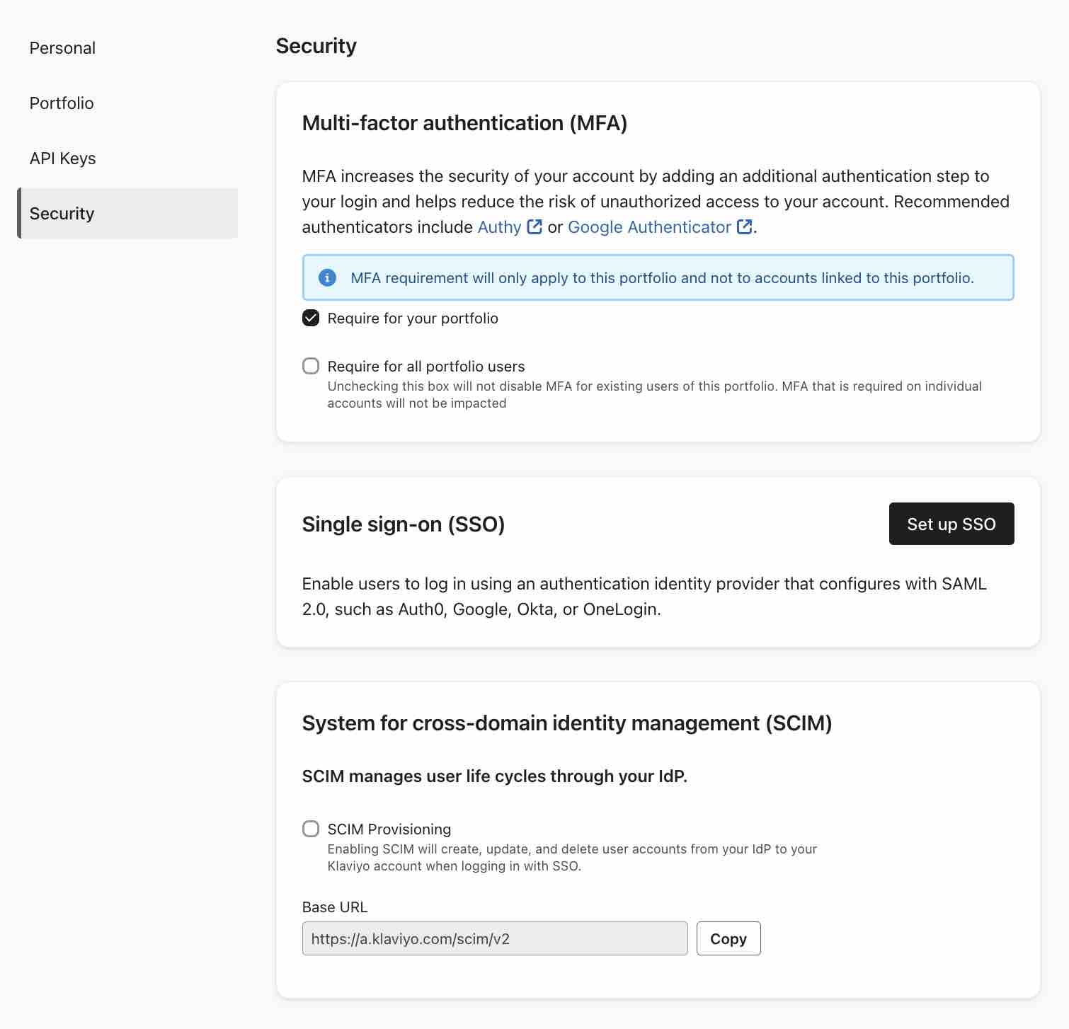 Security tab in a portfolio's settings