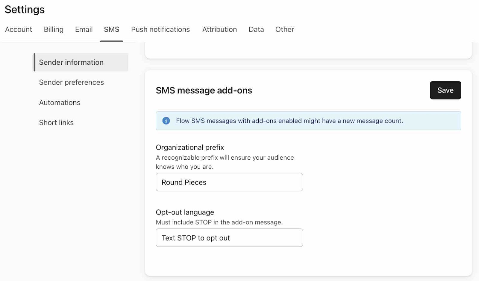 Paramètres du SMS, affichant la section qui permet de modifier les instructions de désabonnement