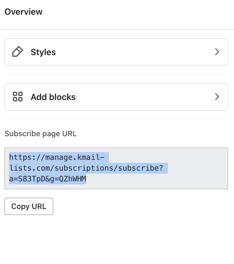 The Subscribe page URL in the editor's overview menu