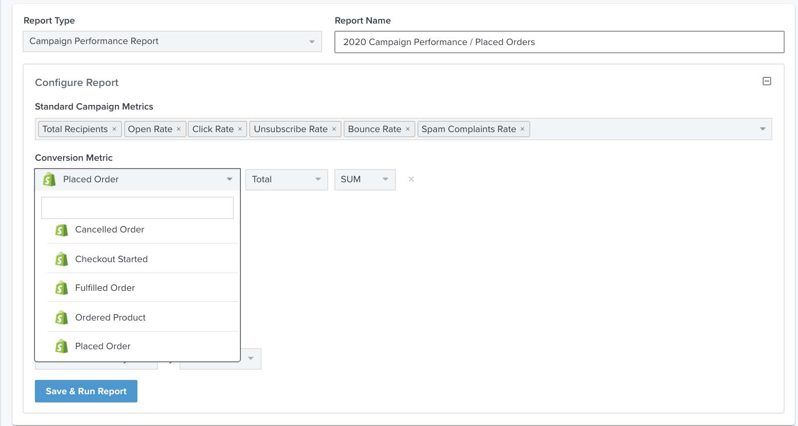 In a custom report showing the conversion metric dropdown with placed order chosen