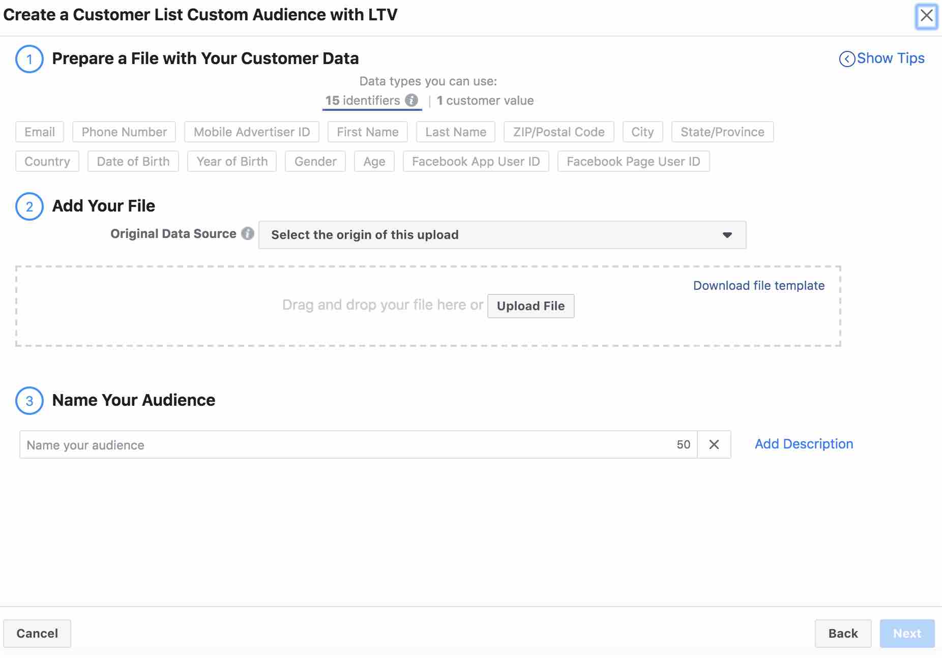 Create a customer list custom audience with LTV page in Facebook