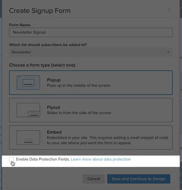 Data protection field option on Klaviyo form