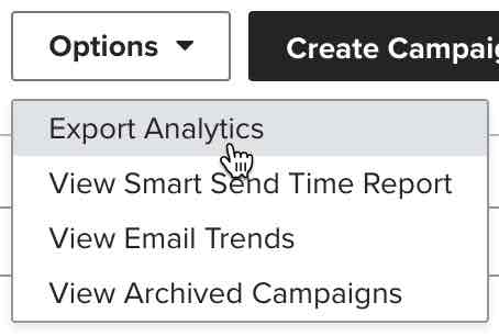 The export analytics button in Klaviyo