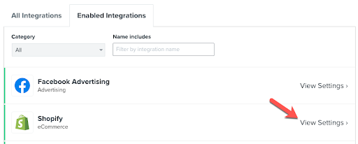 O link de configurações de integração pode ser encontrado à direita de cada integração na guia Enabled Integrations (Integrações ativadas).