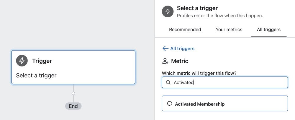 The flow builder with the mindbody metric Activated Membership used as the trigger of the flow.