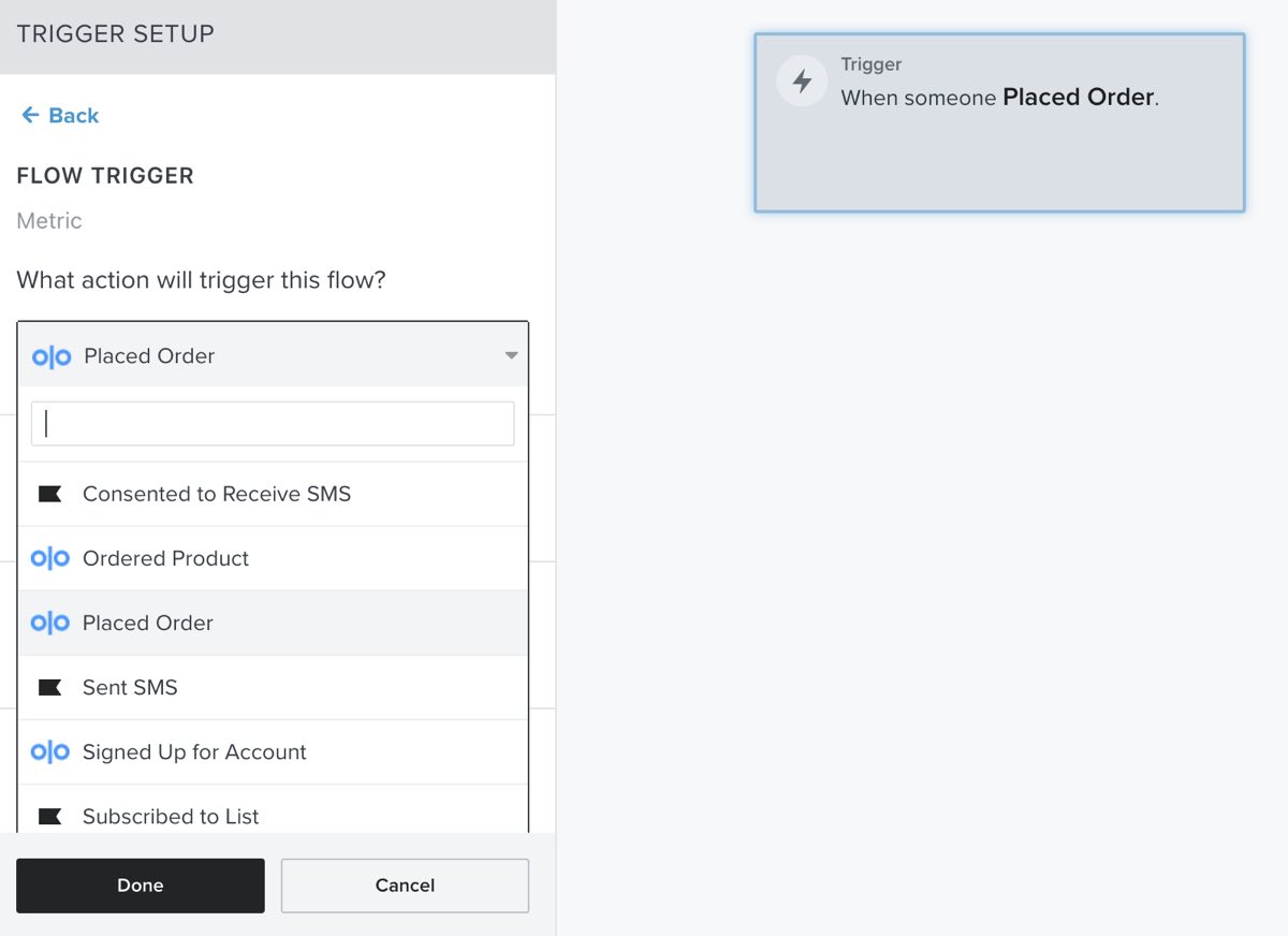 Olo metrics shown when choosing a trigger in the flow builder.