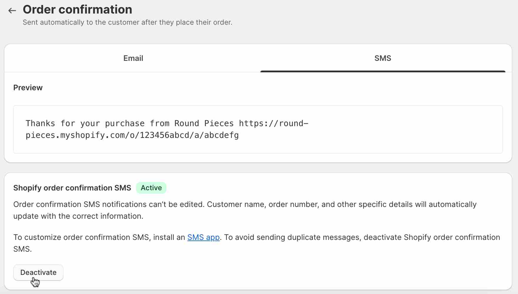 Example of active order confirmation SMS in Shopify