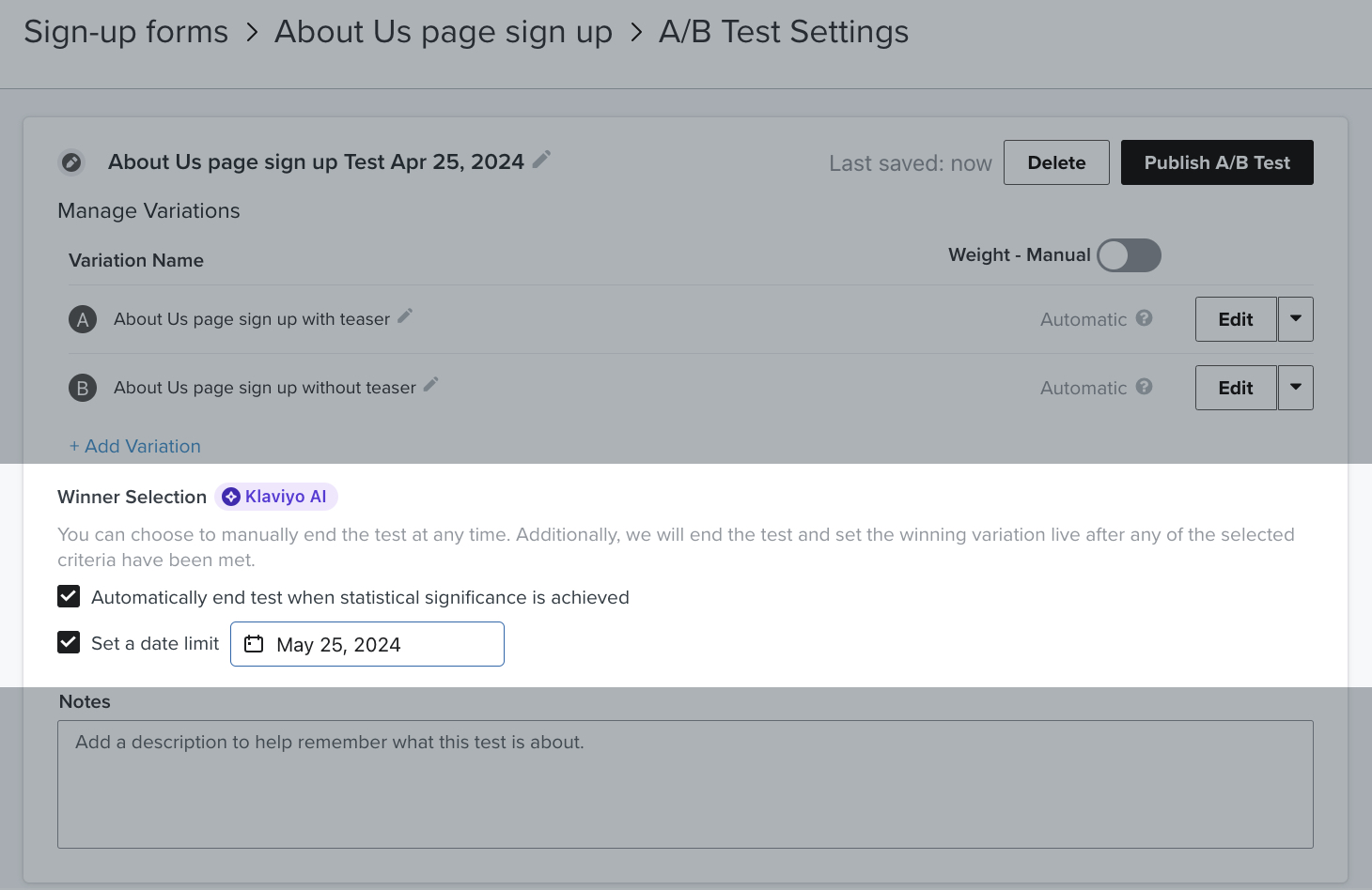 The Winner selection section of the A/B test settings page where you can choose how a winning form variation will be chosen showing both the statistical significance and date boxes checked.