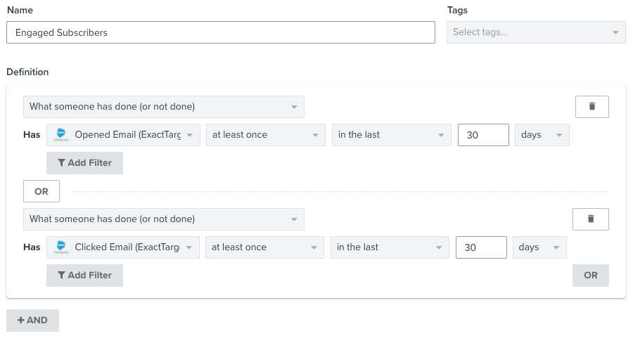 Engaged subscribers segment in Klaviyo segment builder using ExactTarget events