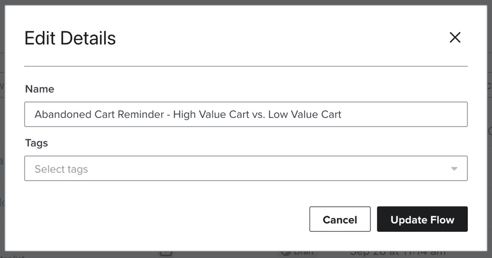 The Edit Details modal with fields for editing the name and tags of a flow.