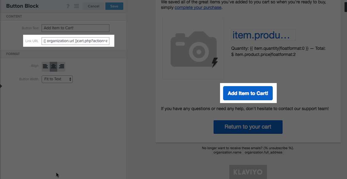 Email template editor in Klaviyo with button and button block setting Link URL highlighted
