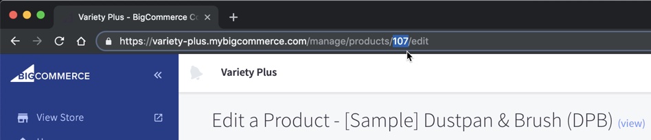 Página de edição de produto do administrador do BigCommerce para um produto de amostra, com o ID do produto destacado em azul no URL