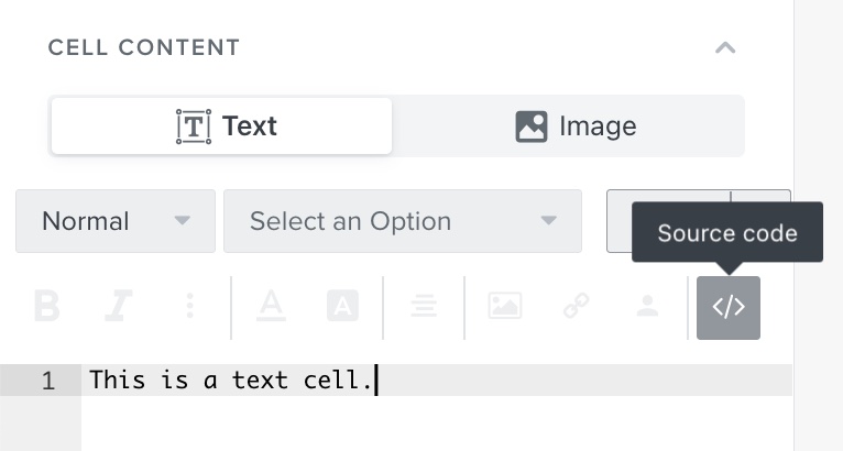 Section du contenu des cellules de l'onglet Contenu du bloc de tableau avec l'icône de code source sélectionnée