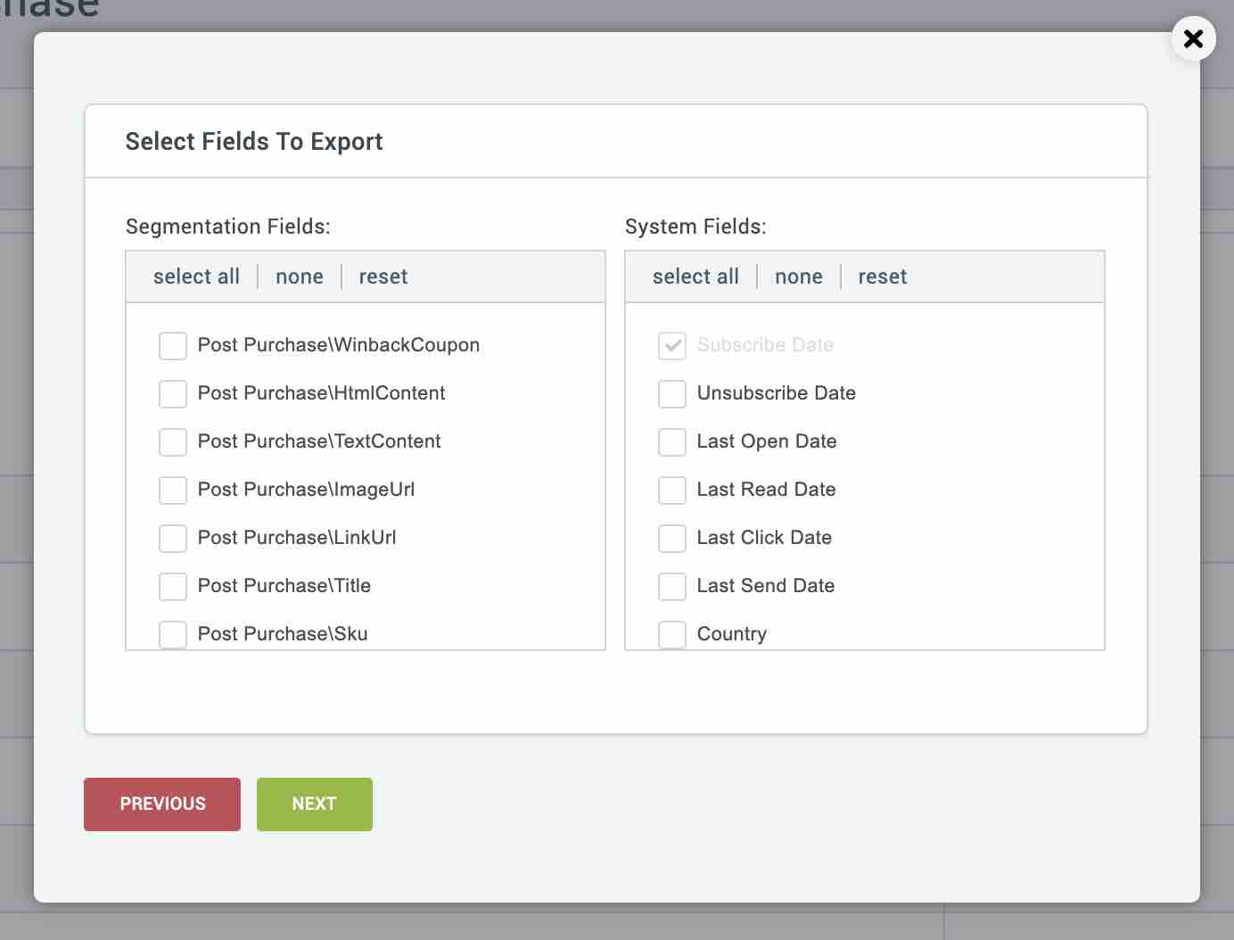 Select fields to export page with Next with green background