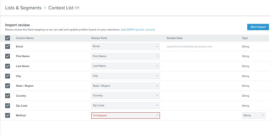 List import page with fully mapped fields and Start Import in upper right