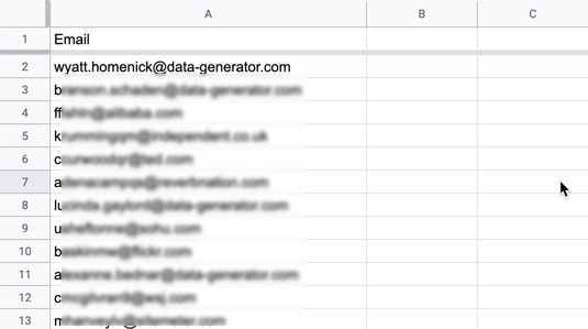 Esempio di CSV con la maggior parte dei dati offuscati