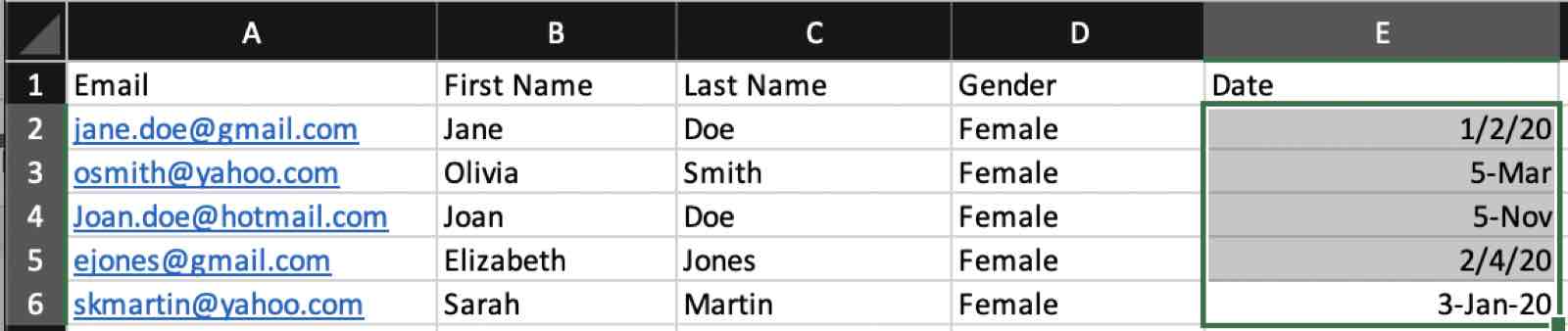 Sample Excel data with dates