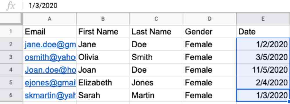 A set of data in Google Sheets with consistently formatted dates