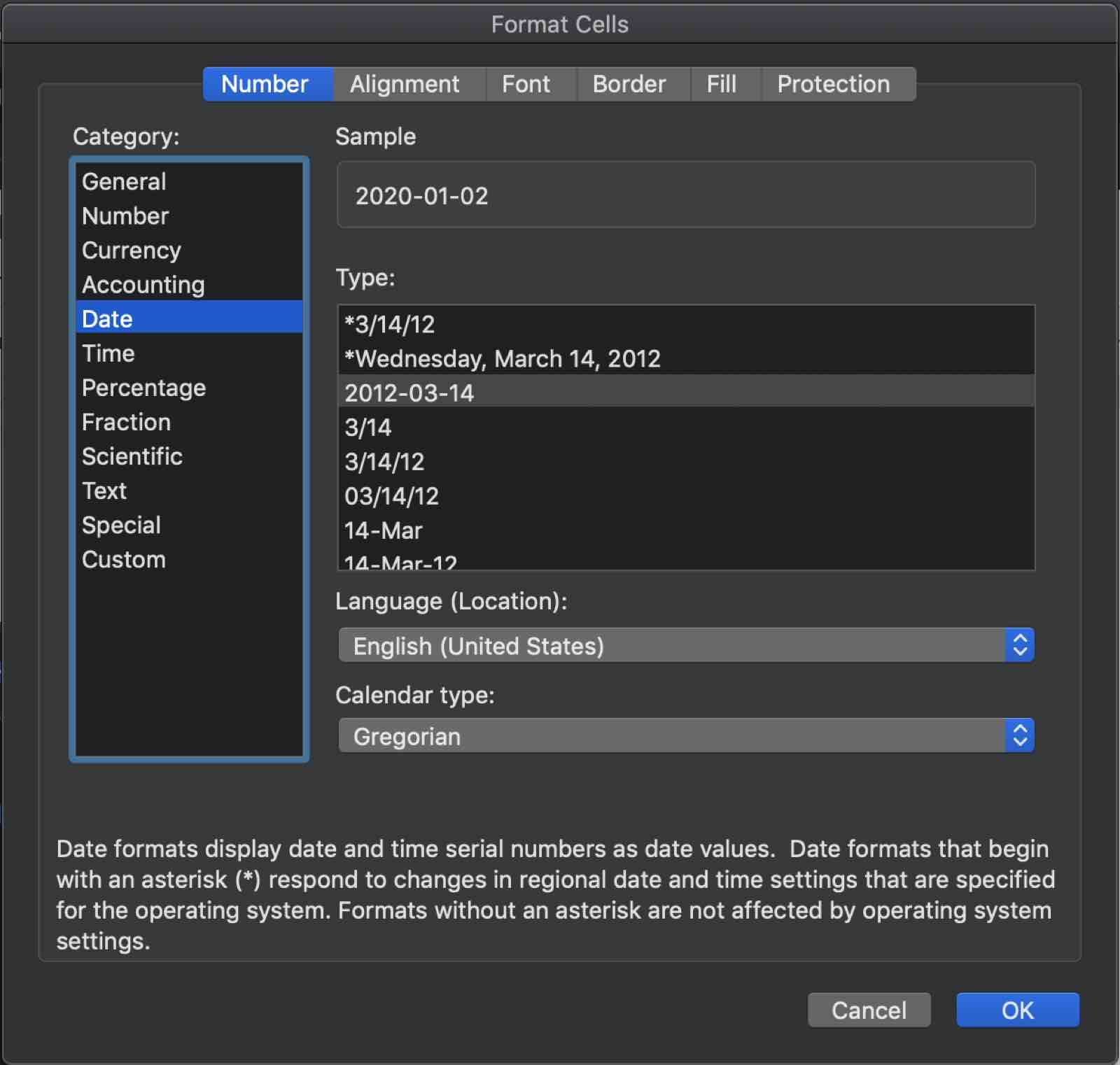 Menu d'options de format de date d'Excel