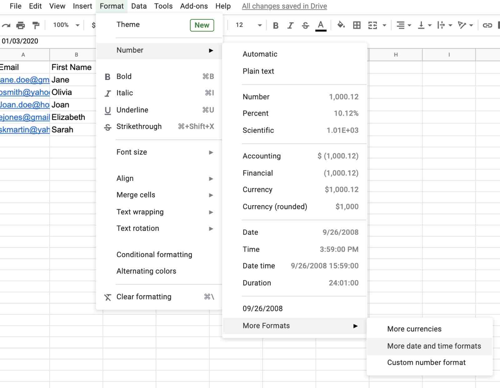 L'opzione di personalizzare ulteriormente le date in Google Sheets