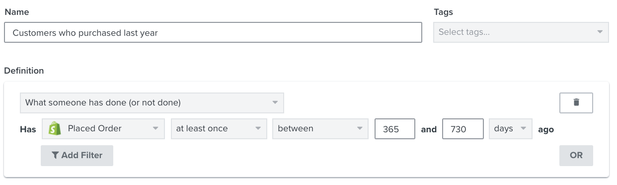 Example segment with profiles that placed order at least once between 365 and 730 days 