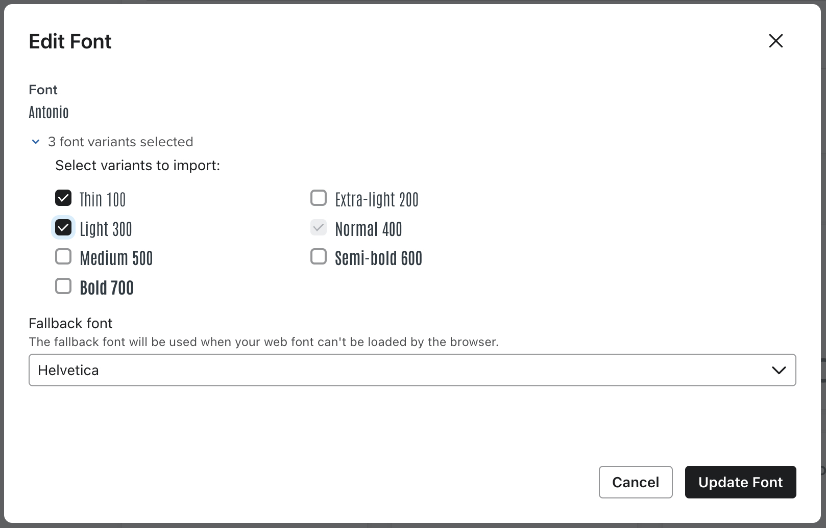 The Edit Font menu in Klaviyo showing additional font variants selected to add to an account's existing Google Font.