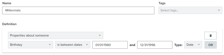 Um segmento de perfis com uma data de nascimento entre duas datas específicas, incluindo anos