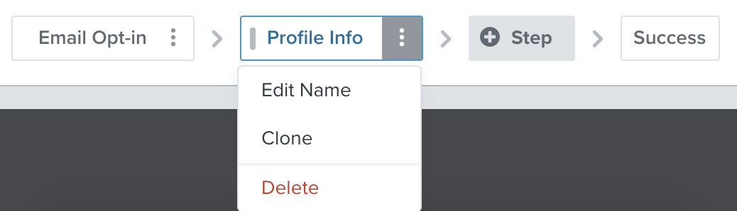 The 3dots clicked next to the profile information step in the menu bar, showing the options to edit name, clone, or delete.