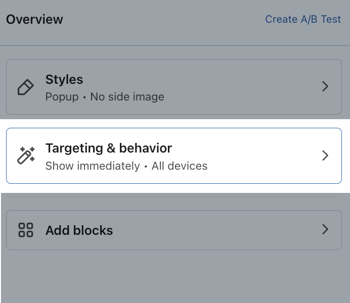 The Targeting & behaviors tab being selected to open in the form editor for an example sign-up form.