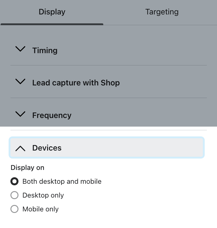 The Devices section of the Display menu within the form editor showing a form set to display on both desktop and mobile.