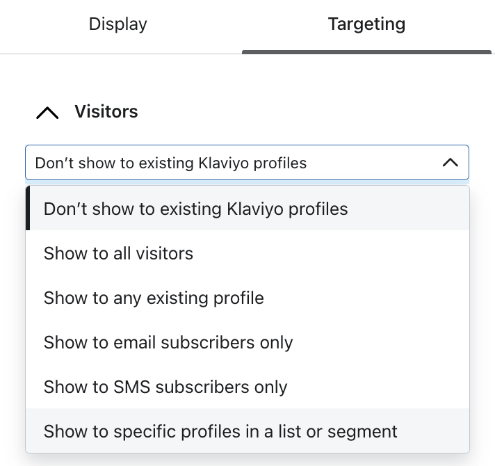 The Visitors section of the Targeting menu with the dropdown open showing all the options for targeting by visitor criteria.