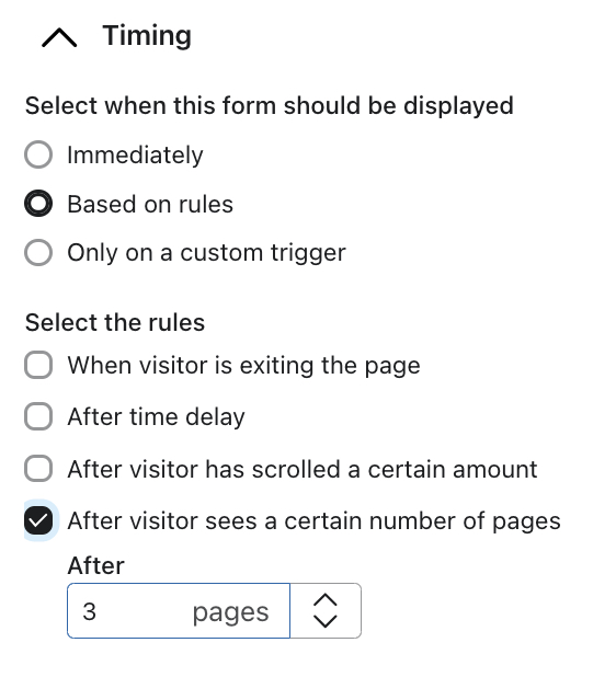 A opção Após um determinado número de páginas selecionada no menu Exibir com base em regras no editor de formulários com 3 páginas inseridas.