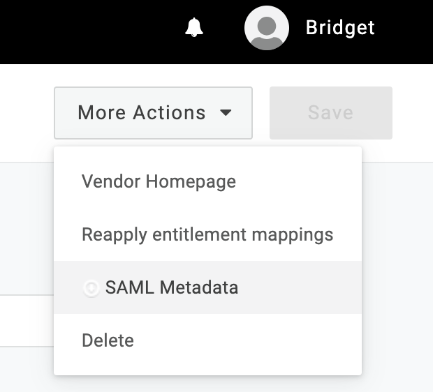 More Actions dropdown when SAML metadata is highlighted