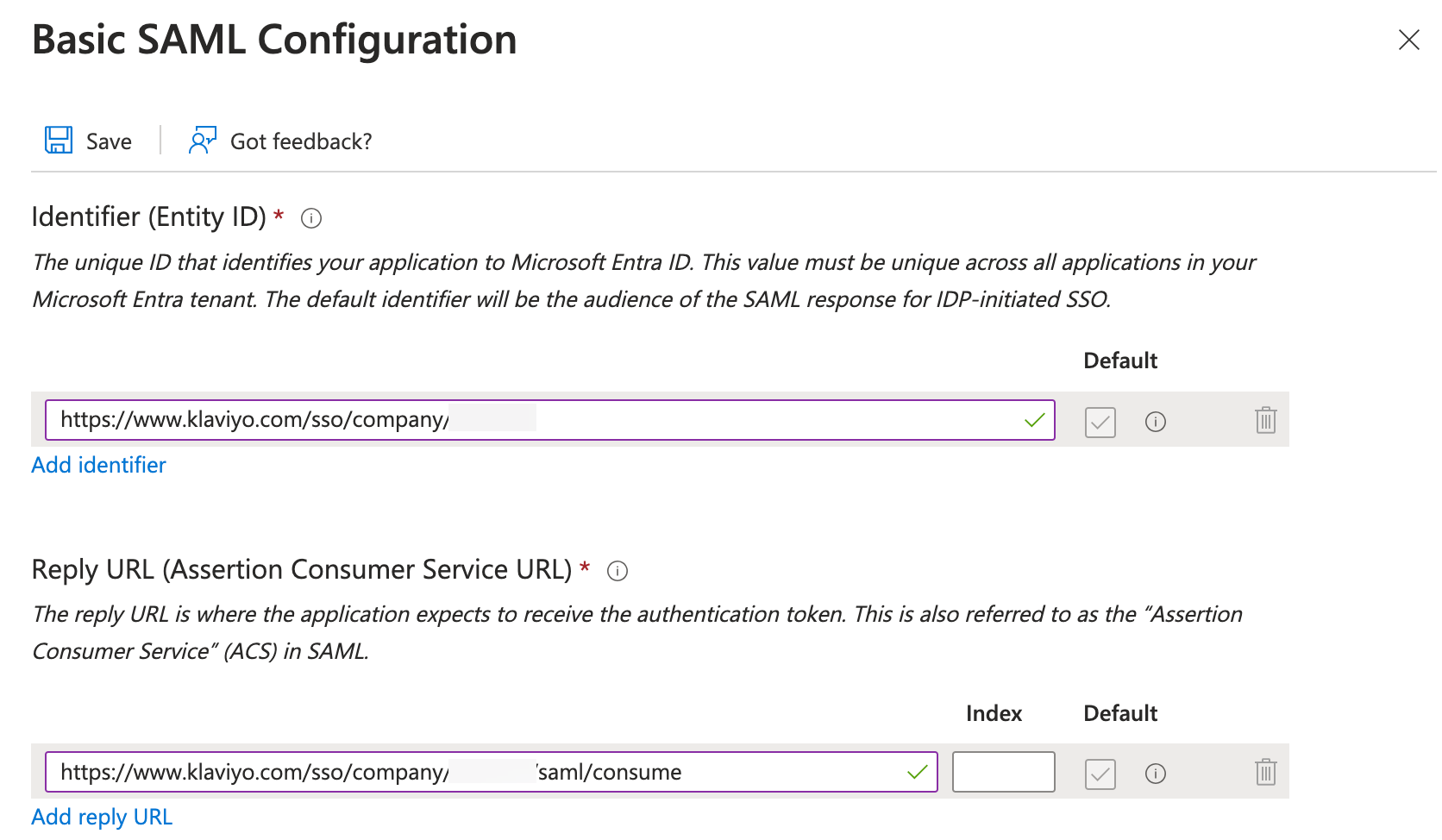 Example of SAML configuration after adding an identifier and Reply URL