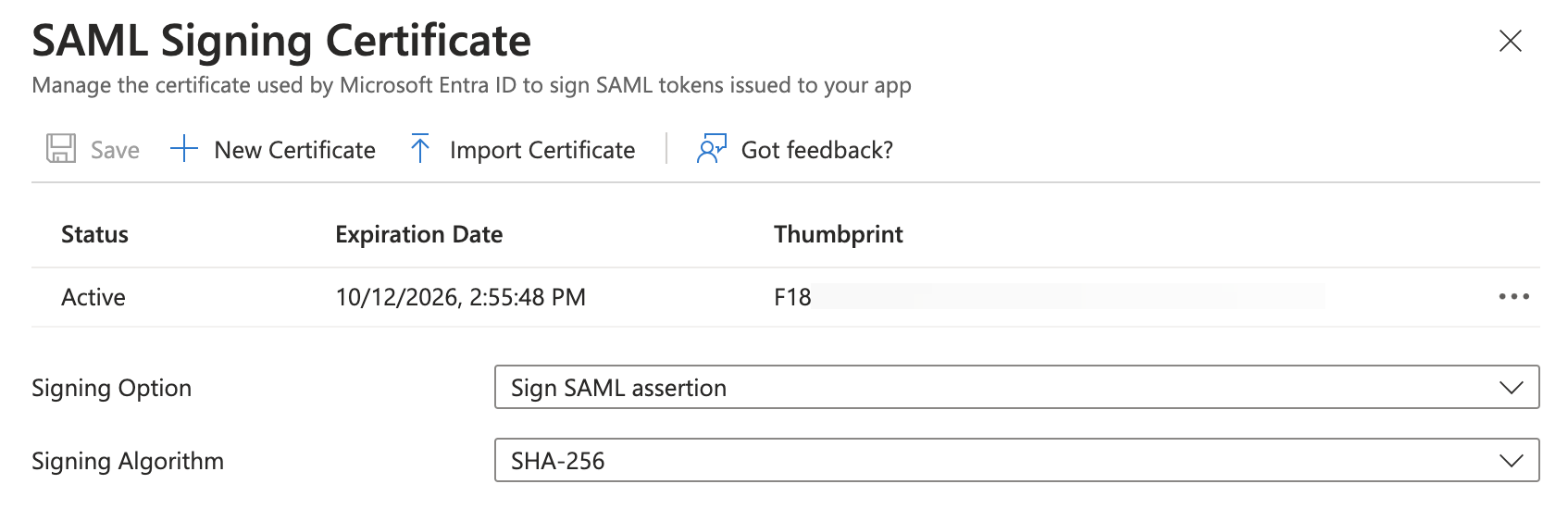 Sidebar to edit the SAML certificates' signing option and algorithm