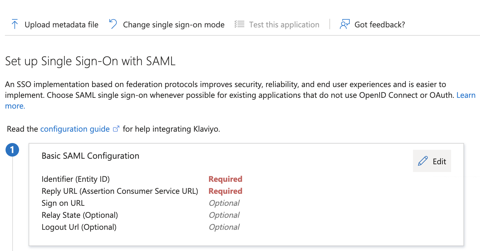 Cuadro de configuración básica de SAML, paso 1 en la página de inicio de sesión único