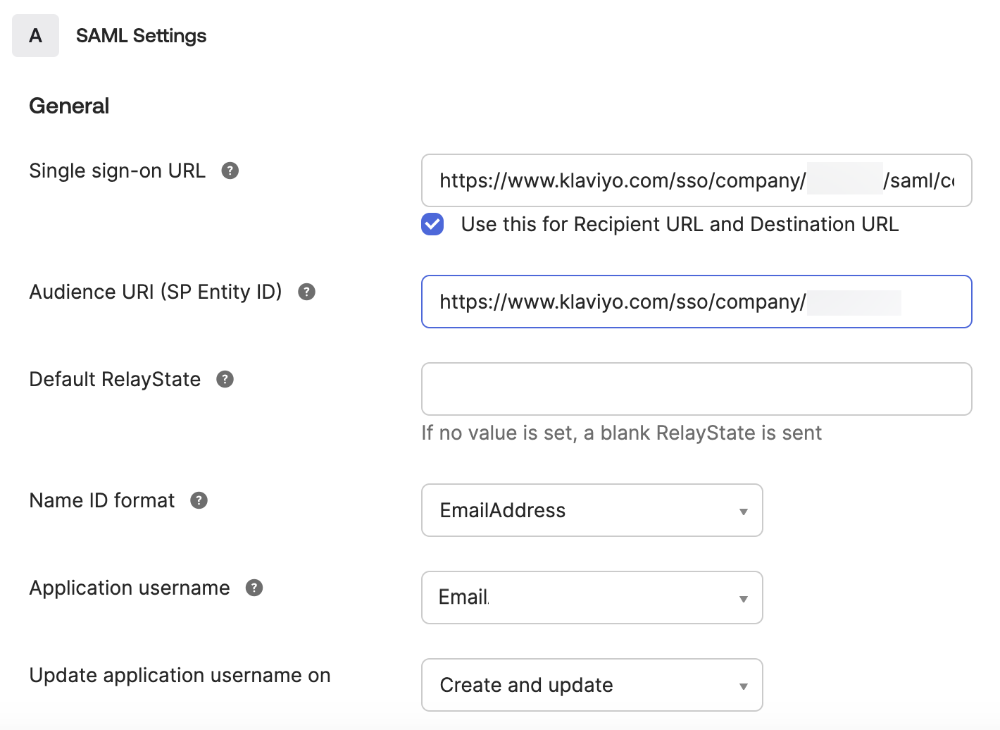 Ajustes de configuración SAML para la integración Klaviyo