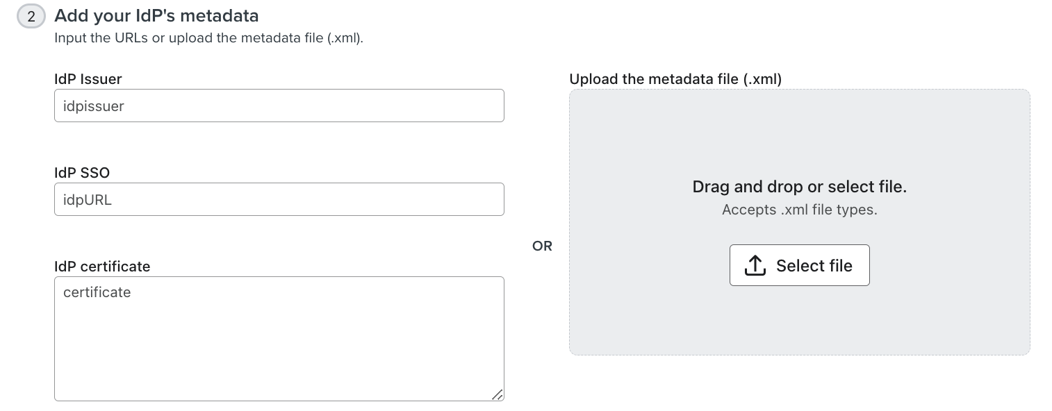 Deuxième étape de la page de configuration SSO, où vous ajoutez des informations sur l'émetteur de votre iDP