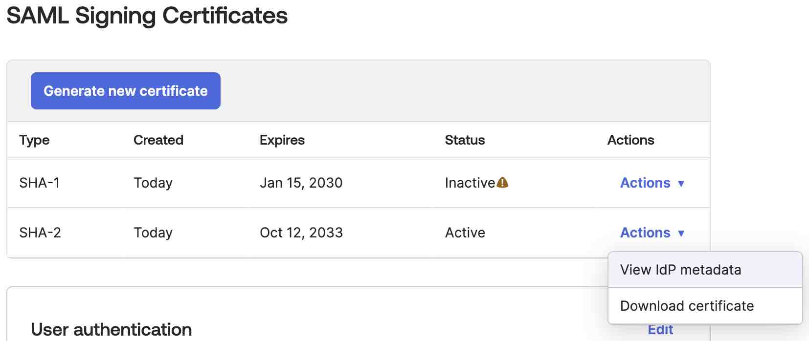 Liste déroulante d'actions lorsque les métadonnées View IdP sont sélectionnées