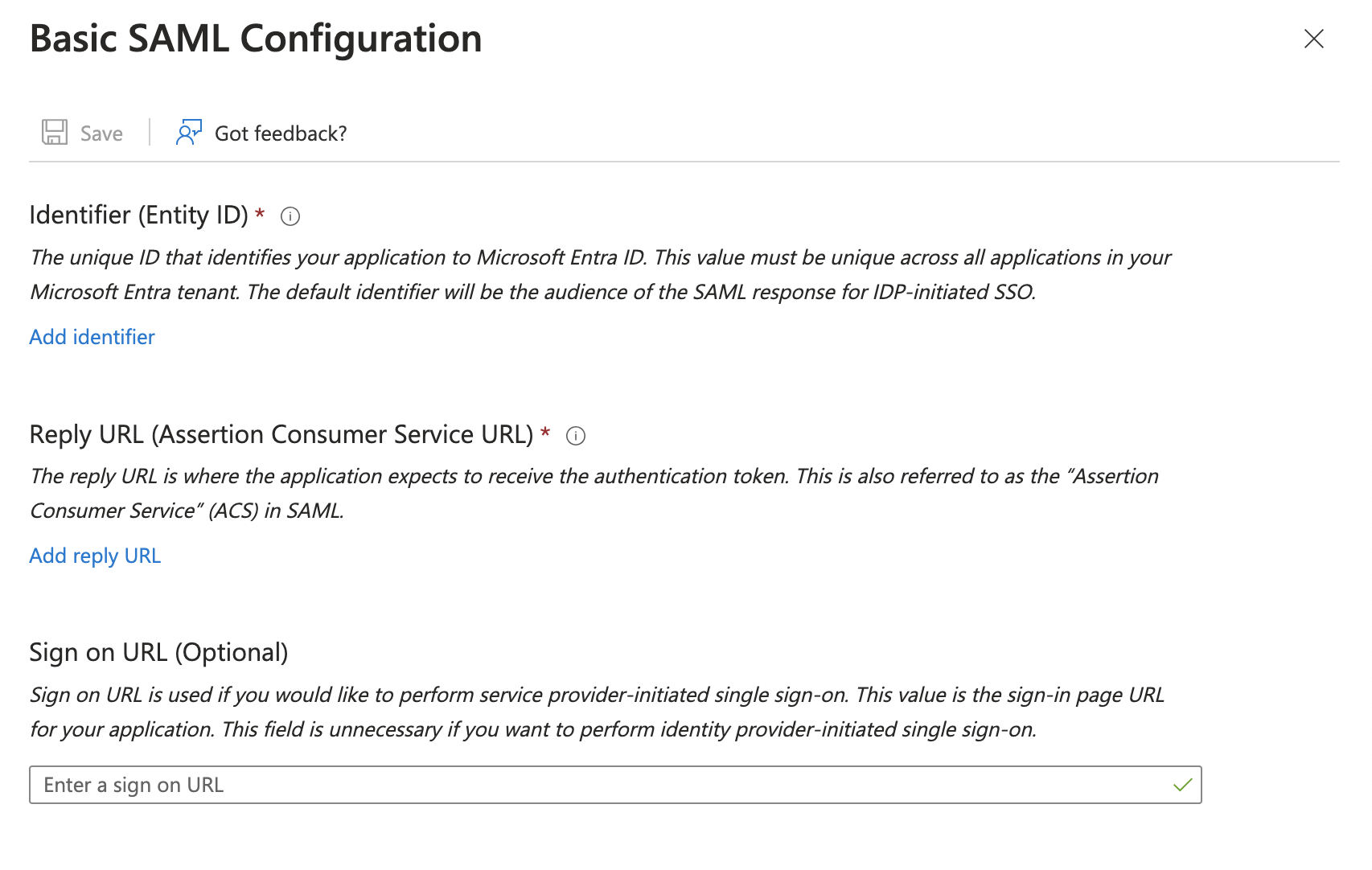 Barra laterale per configurare SAML per l'SSO di un'applicazione