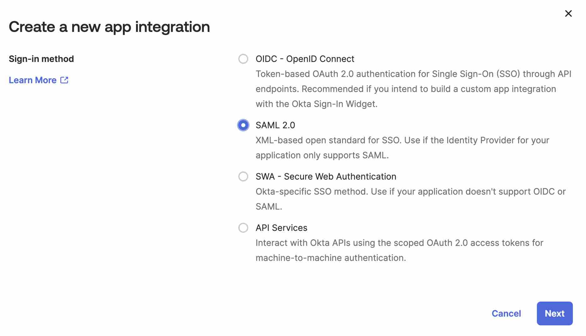 SAML 2.0을 선택한 경우의 로그인 옵션