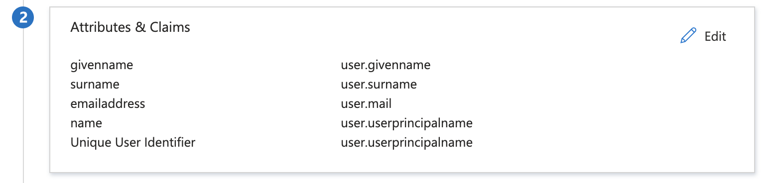 Etapa 2 da página Single sign-on, que é a caixa Attributes and claims (Atributos e reivindicações)